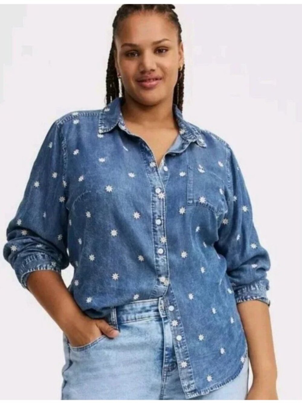 Torrid Chambray Embroidered Denim Button Up Shirt